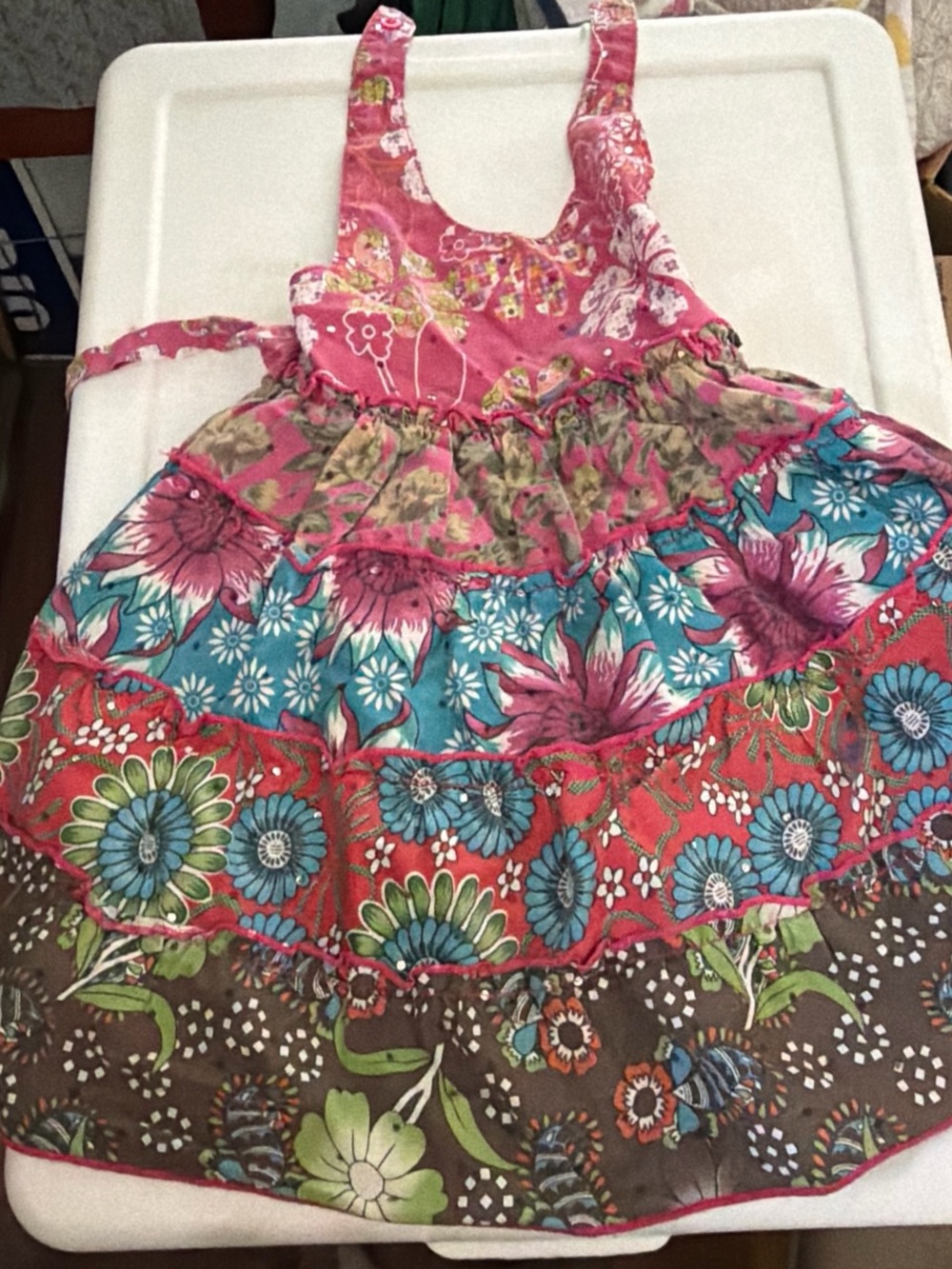 Boho Floral Tiered Sundress in Pink, Teal & Brown